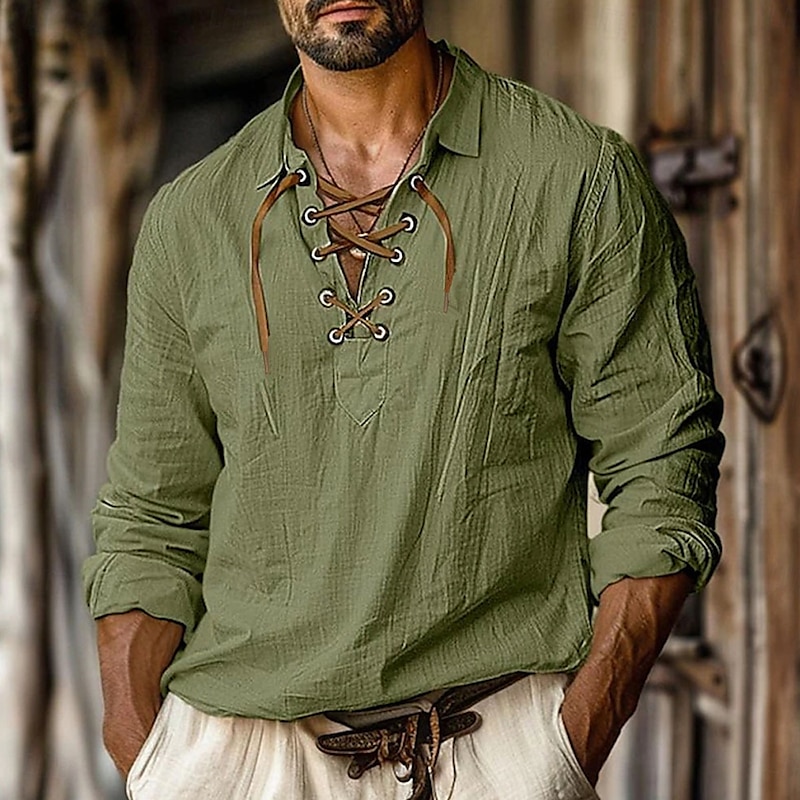 Retro Vintage Medieval Renaissance Shirt Pirate Viking Solid Color Fancy Dress Men's Pirate Halloween Carnival Vacation Casual Daily LARP Adults' Shirt Spring & Summer