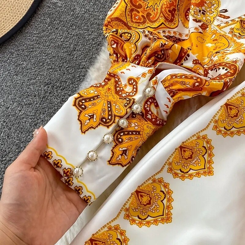 Women's Midi Dress Boho Dress Fashion Classic Vacation Going out Weekend Regular Fit Flower Long Sleeve Shirt Collar Yellow Summer3