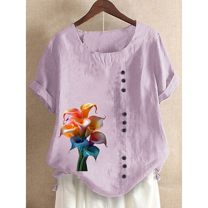 Women's 100% Cotton Blouse Vintage Casual Crew Neck Daily Going out Buttons Print Maroon Grass Green Navy Blue Blue Purple3