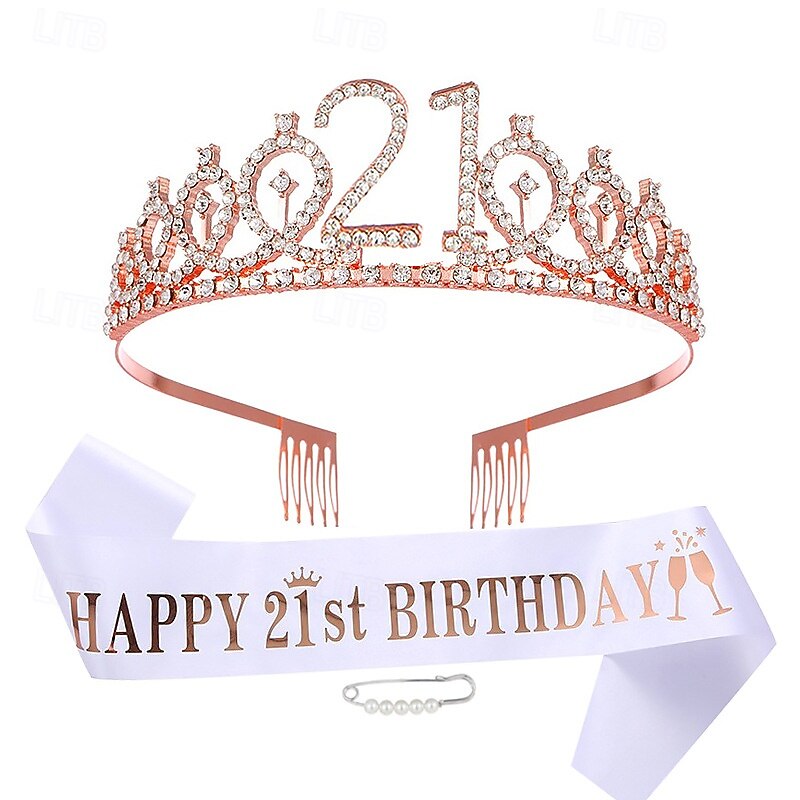 Birthday Party Decoration 3-Pc Set Crown, White Sash & Pearl Pin for Girls and Women Ages 10 to 70 Happy Birthday4