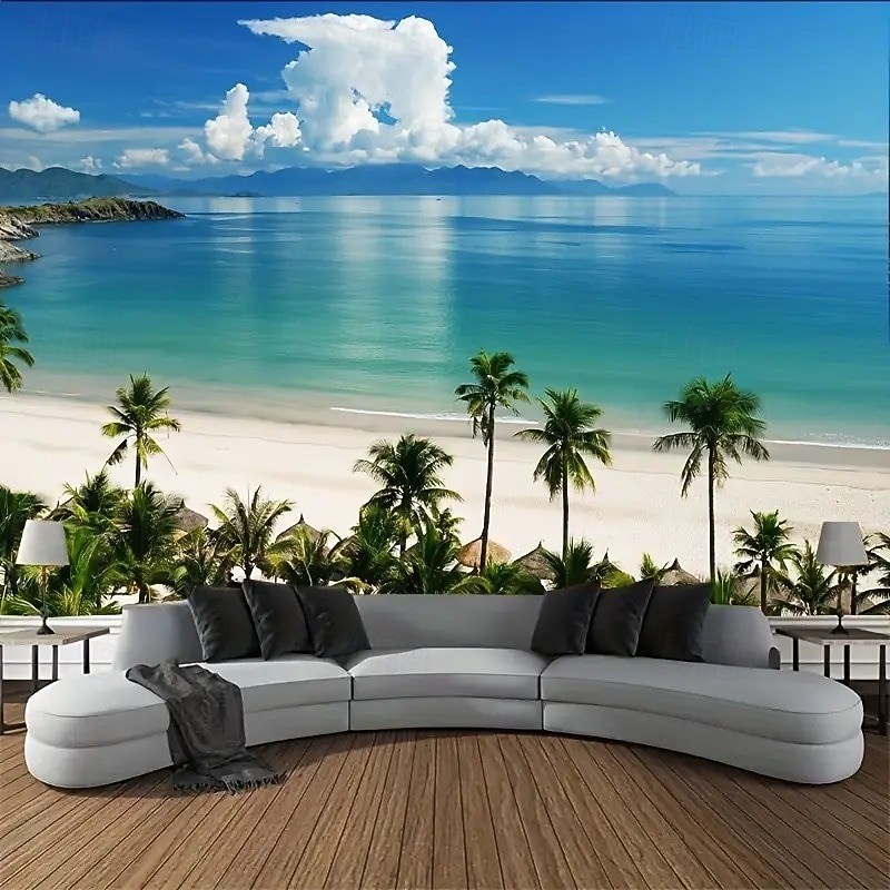 Landscape Ocean Palm Trees Hanging Tapestry Wall Art Large Tapestry Mural Decor Photograph Backdrop Blanket Curtain Home Bedroom Living Room Decoration4