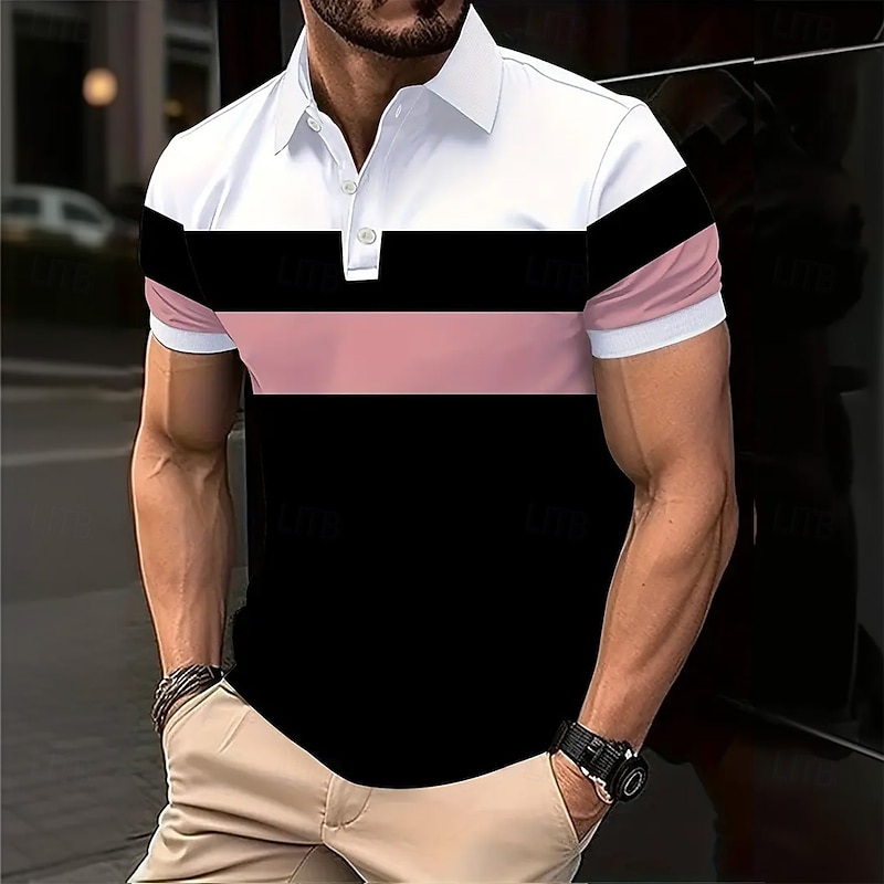 Men's Horizontal Stripes Rugby Polo Short Sleeve Polo Shirts Collared Shirts Business Casual School Outdoor Athleisure 3D Print Summer Spring Fall Black White Pink