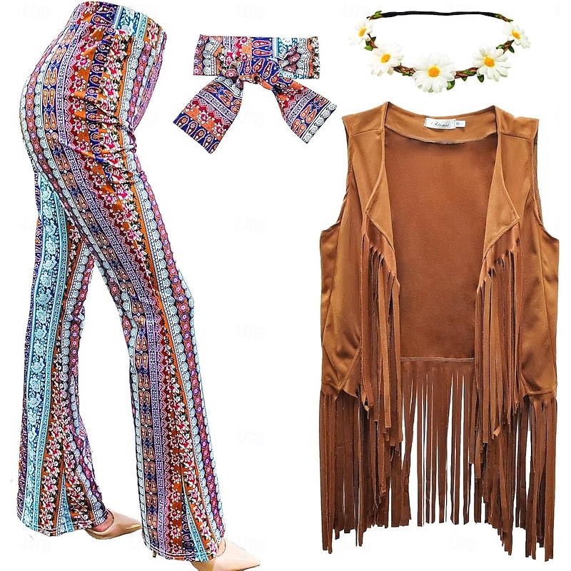 4 Pcs 60s 70s Hippie Costume Disco Outfits Fringe Vest Boho Bell Bottoms Peace Accessories Set Halloween for Women