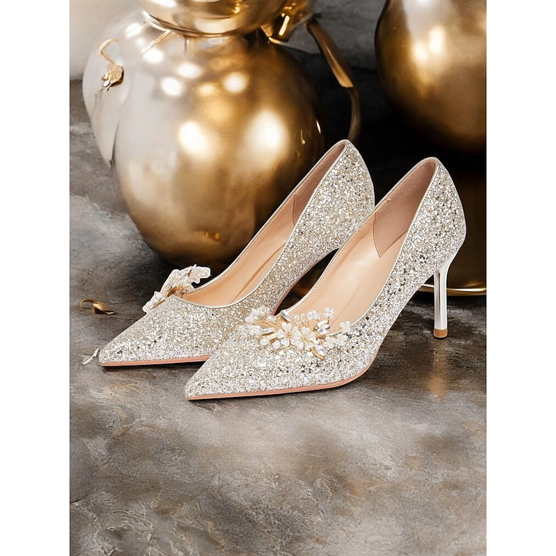 Women's Silver Glitter Stiletto Heels with Floral Embellishments – Elegant Pointed Toe Wedding and Prom Shoes