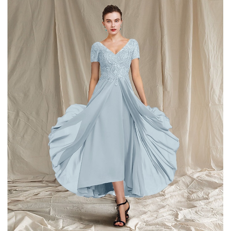 A-Line Mother of the Bride Dress Wedding Guest Elegant Plus Size High Low V Neck Tea Length Chiffon Lace Short Sleeve with Pleats Appliques4