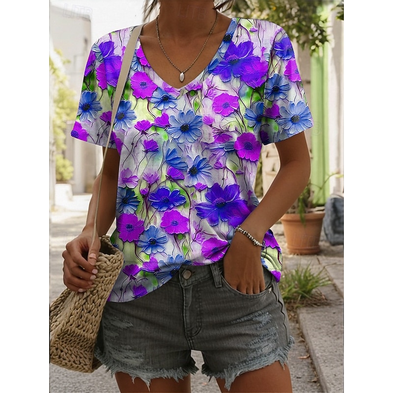 Women's T Shirt Floral 3D Stylish Casual Short Sleeve V Neck Regular Tops Daily Print Red Blue Purple Orange Green Summer4