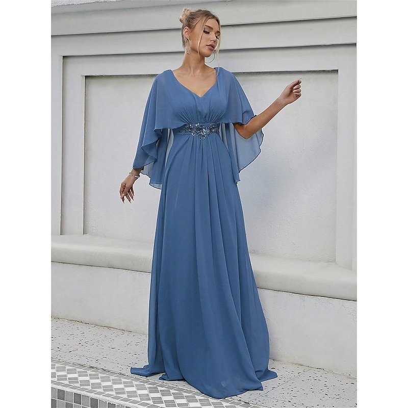 Dress Mother of the Bride Dress Elegant Party V Neck Floor Length Polyester Half Sleeve with Appliques