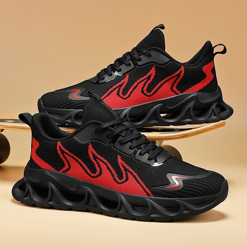 Men's Sporty Sneakers, Bold Flame Design in Black and Red, Athletic Shoes for Running and Gym4
