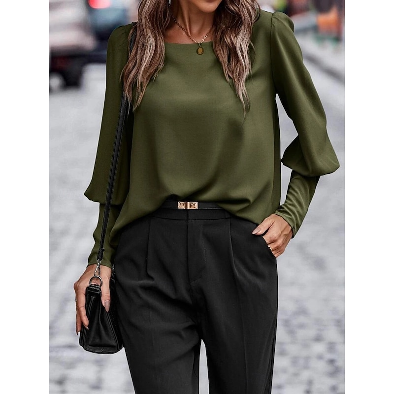 Women's Shirt Elegant Dressy Satin Solid Color Business Modern Casual Long Sleeve Crew Neck Regular Tops Work Formal Wear Black Army Green Brown Summer Spring