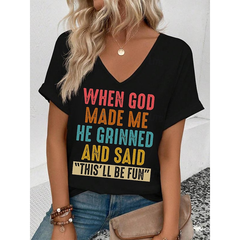 Women's T Shirt Graphic Letter Casual Short Sleeve V Neck Regular Tops Daily Weekend Print Black White Light Green Pink Summer GOD - Main Image
