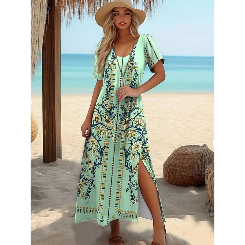 Women's Maxi Dress A Line Dress T Shirt Dress Tee Dress Sundress Summer Dress Elegant Vacation Tropical Vacation Beach Regular Fit Floral Graphic Short Sleeve Crew Neck Blue Summer3