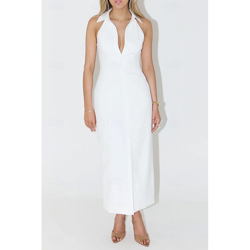 Women's Midi Dress White Dress Graduation Dress Fashion Birthday Holiday Graduation Regular Fit Plain Sleeveless Shirt Collar Black White Summer3