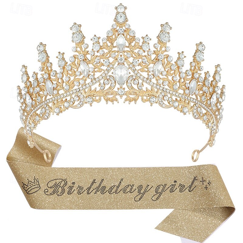 Birthday Party Elegant Birthday Girl 2-Piece Set Rhinestone-Embedded Crown and Sash for Ball and Party4