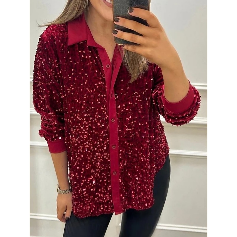 Women's Shirt Blouse Plain Stylish Modern Long Sleeve Shirt Collar Regular Tops Daily Sequins Buttons Pocket Black Yellow Red Blue Purple Summer