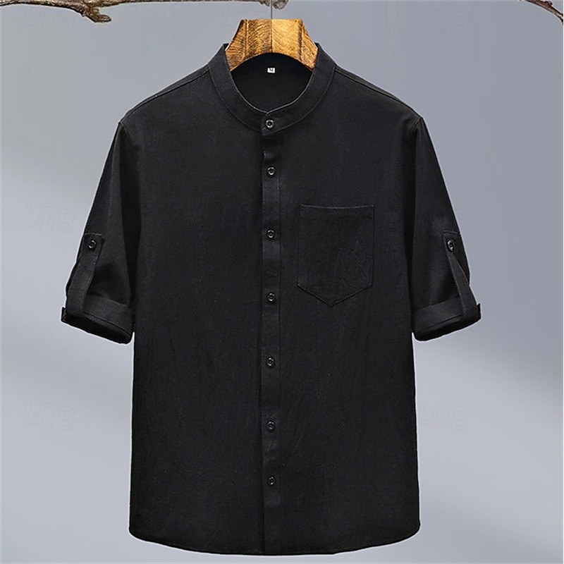 Men's Shirt Linen Shirt Casual Shirt Button Up Shirt Cotton Shirt Plain Vacation Street Black White Green Short Sleeve Grandad Collar Summer Clothing Apparel Front Pocket2