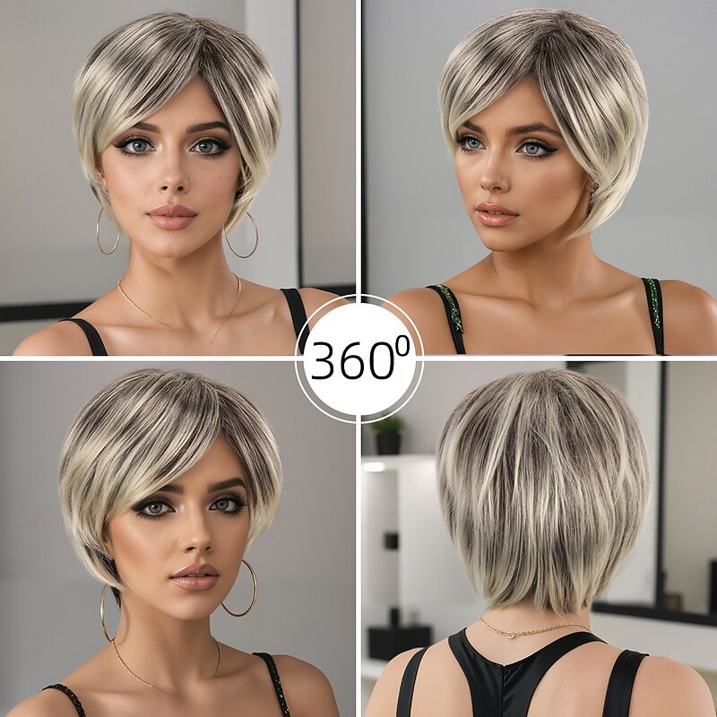 Synthetic Wig kinky Straight Natural Straight Asymmetrical Deep Parting Machine Made Wig 10 inch A1 Synthetic Hair Women's Party Classic Comfortable Silver3