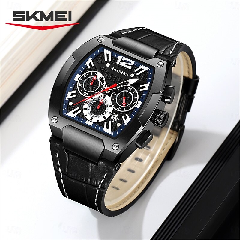 SKMEI Men Quartz Watch Luxury Large Dial Outdoor Business Luminous Stopwatch Calendar Waterproof Leather Watch3