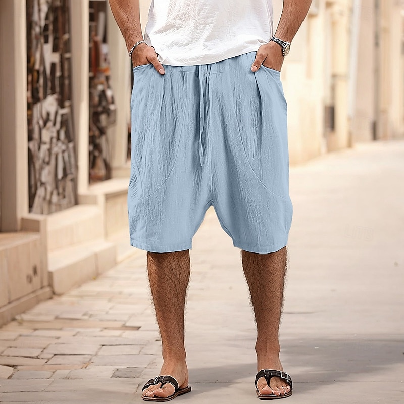 Men's Linen Pants Capri Pants Trousers Summer Pants Beach Pants Pocket Elastic Waist Plain Comfort Breathable Vacation Daily Holiday Hawaiian Boho Black Pink4