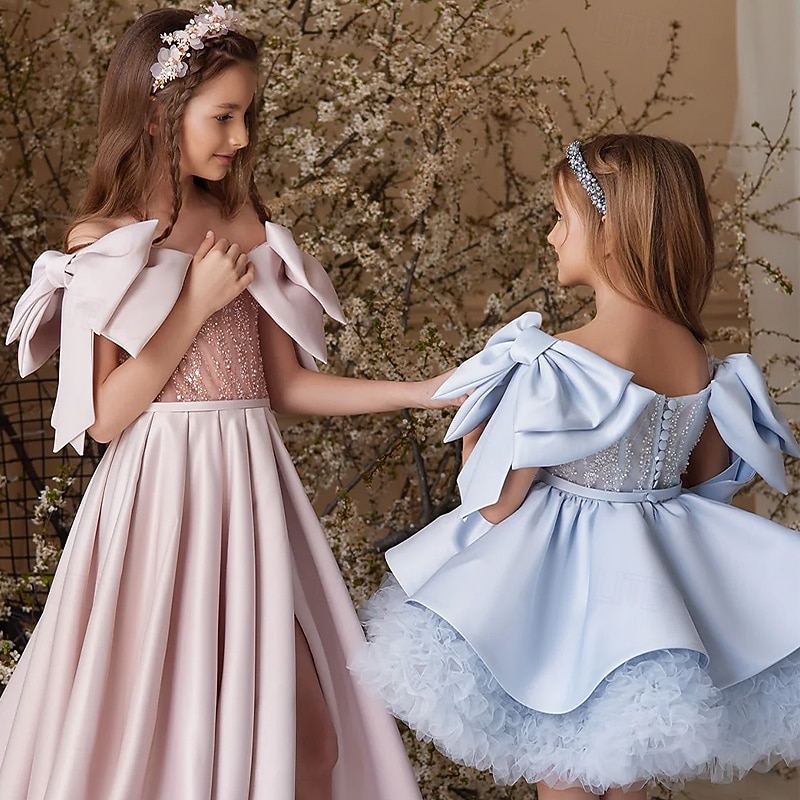 Flower Girl Dress Girls' Evening Gown Formal Dress Princess Dress Wedding Attire Wedding Party Princess Sweet Christmas Carnival Ruched Solid Color Strapless Crew Neck Light Pink Sky Blue 4 years+3