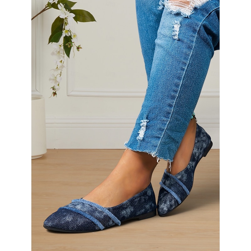Women's Denim Pointed-Toe Flats - Frayed Fringe Slip-On Shoes for Casual Wear3