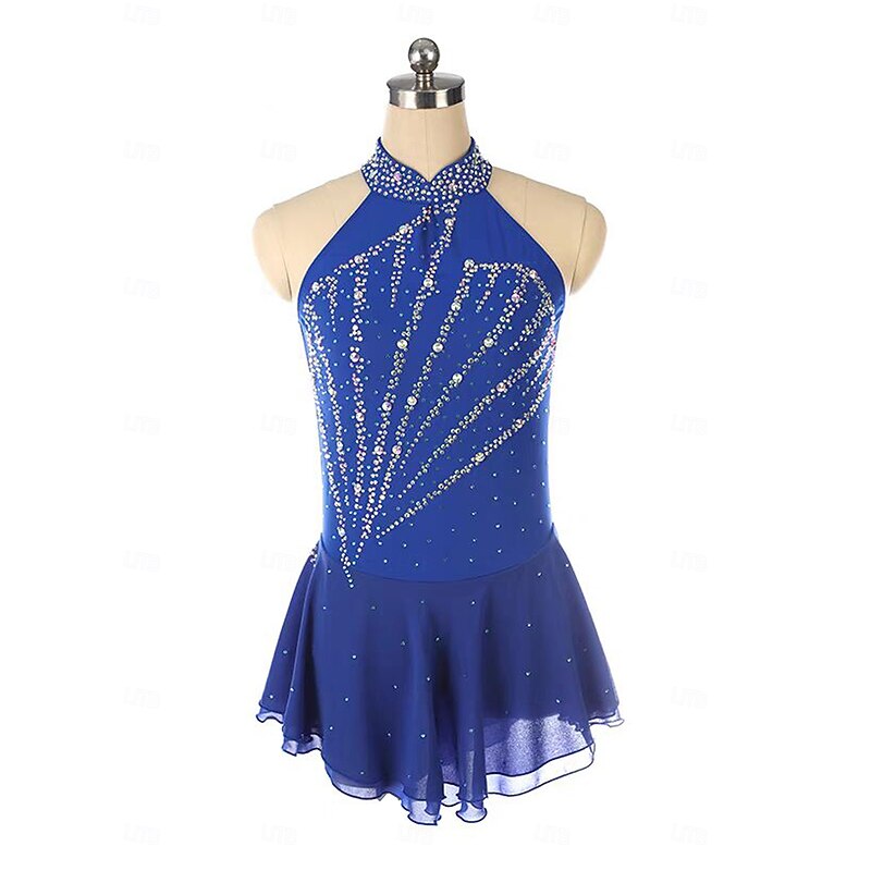Figure Skating Dress Women's Girls' Ice Skating Dress Royal Blue Open Back Asymmetric Hem Mesh Spandex Stretchy Training Practice Professional Skating Wear Thermal Warm Crystal / Rhinestone Sleeveless