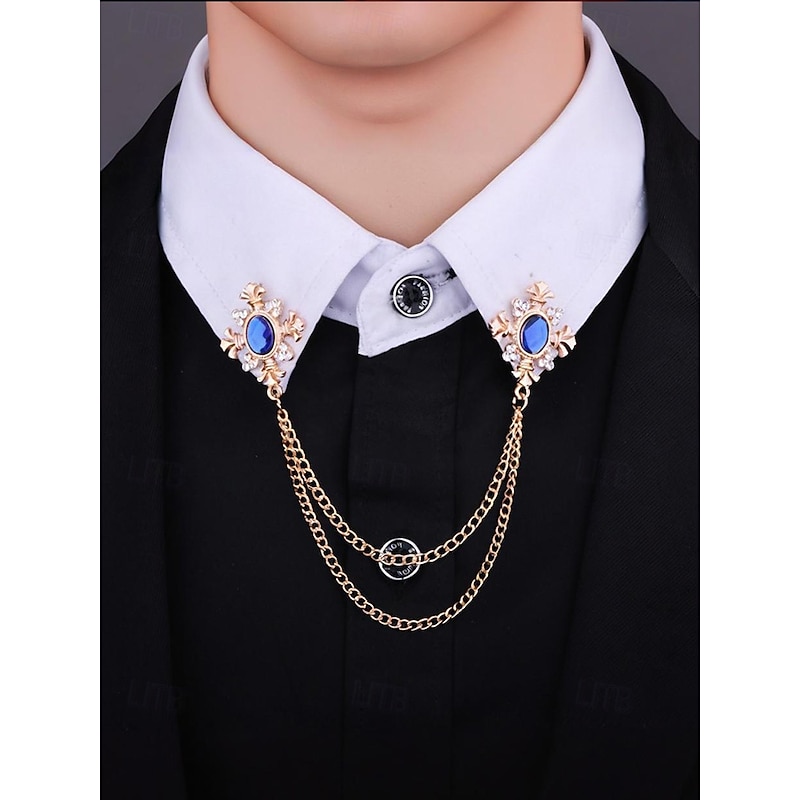 Vintage Blue Gem Collar Chain Brooch – Elegant Double Chain Lapel Pin for Men & Women, Gothic Victorian Style Shirt & Suit Accessory, Formal Wedding & Party Jewelry2