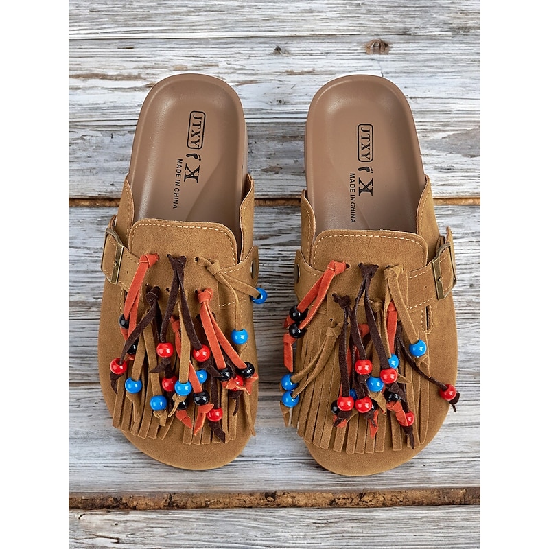 Women's Beaded Fringe Mules – Tan Suede Slip-On Loafers with Colorful Tassels and Buckle Strap for Boho Style, Casual Outings, and Summer Festivals