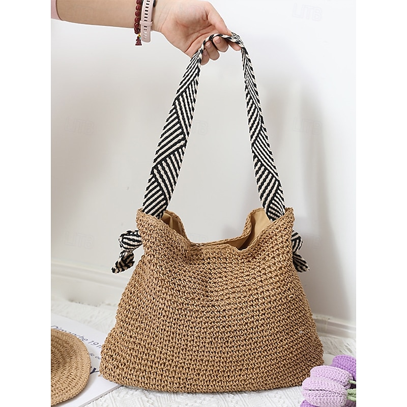 Women's Woven Straw Shoulder Bag – Boho Chic Beach Tote with Zebra Print Straps, Lightweight Summer Handbag for Travel, Vacation & Casual Outings4