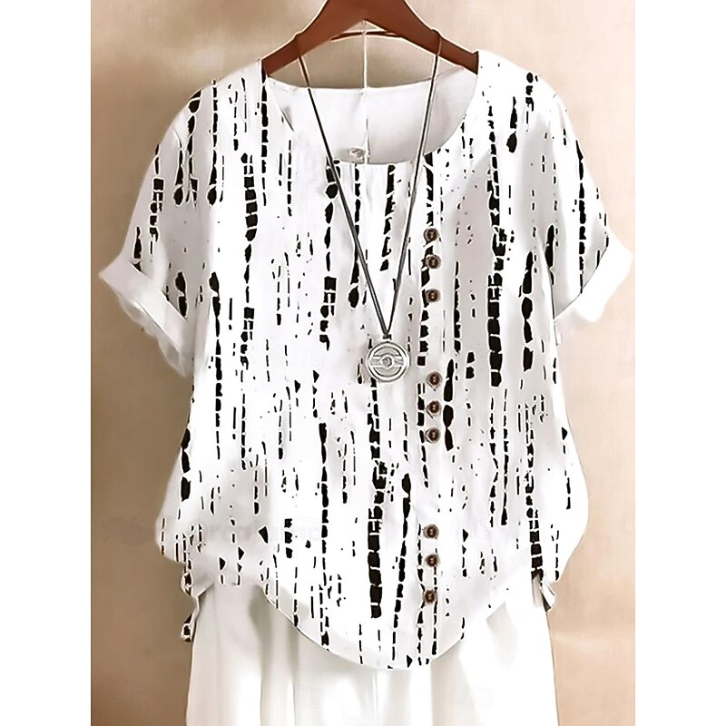 Women's Shirt Blouse Graphic Striped Elegant Short Sleeve Crew Neck Regular Tops Daily Linen Like Print White Summer