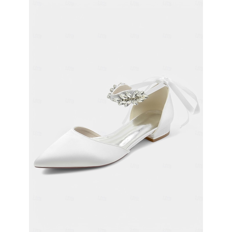 Champagne Satin Crystal Ankle Strap Flats – Elegant Low Heel Wedding & Bridesmaid Shoes for Women4