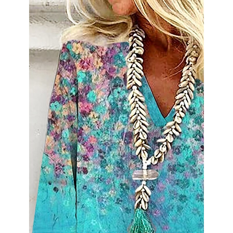 Women's Blouse Button Down Ombre Floral Graphic Stylish Beach Short Sleeve V Neck Regular Tops Daily Print Blue Summer Spring2