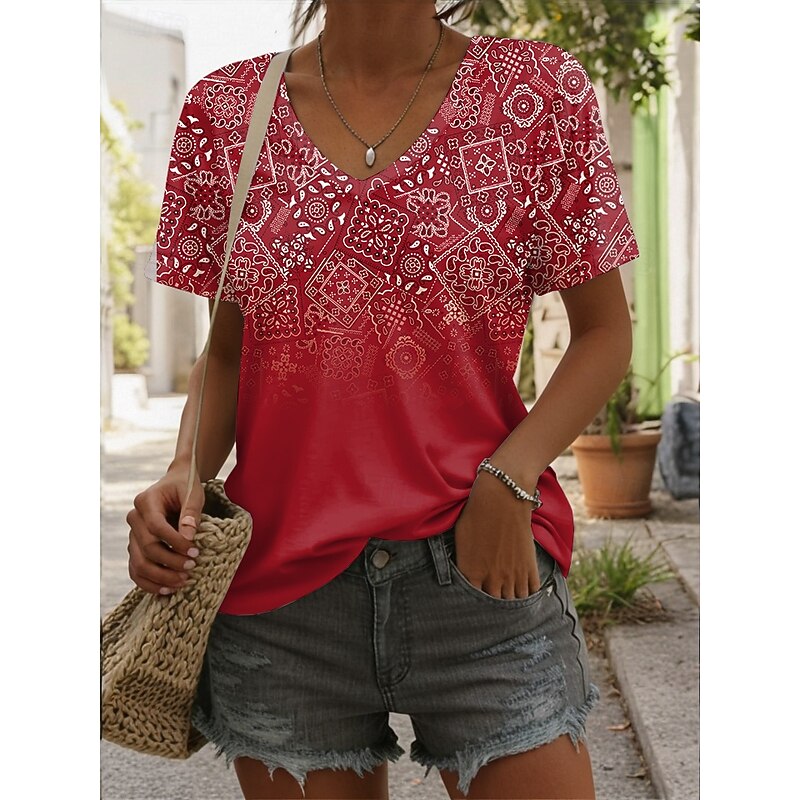 Women's T Shirt Ombre Floral Graphic Casual Short Sleeve V Neck Regular Tops Daily Print Yellow Red Blue Summer Spring2