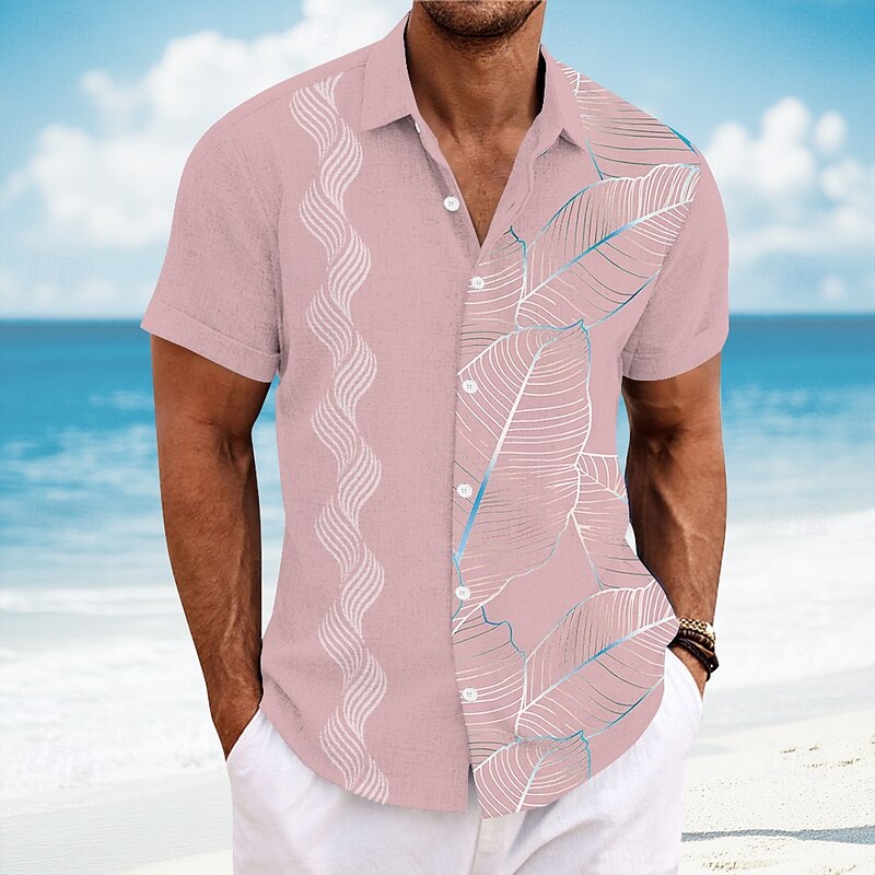 Men's Geometric Palm Leaf Tropical Plants Shirt Guayabera Shirt Button Up Shirt Short Sleeve Hawaiian Vacation Dailywear Beach Wear Summer Spring Turndown 3D Print Collared Shirts Pink Blue Sky Blue3