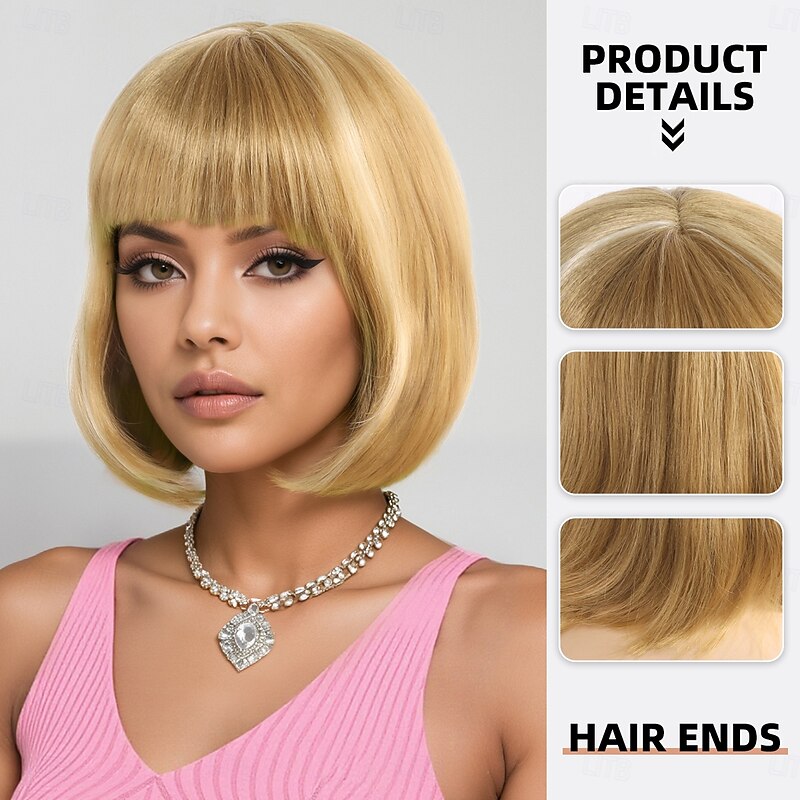 Synthetic Wig Straight kinky Straight Asymmetrical Neat Bang Machine Made Wig 12 inch A1 Synthetic Hair Women's Classic Comfortable Highlighted / Balayage Hair Blonde