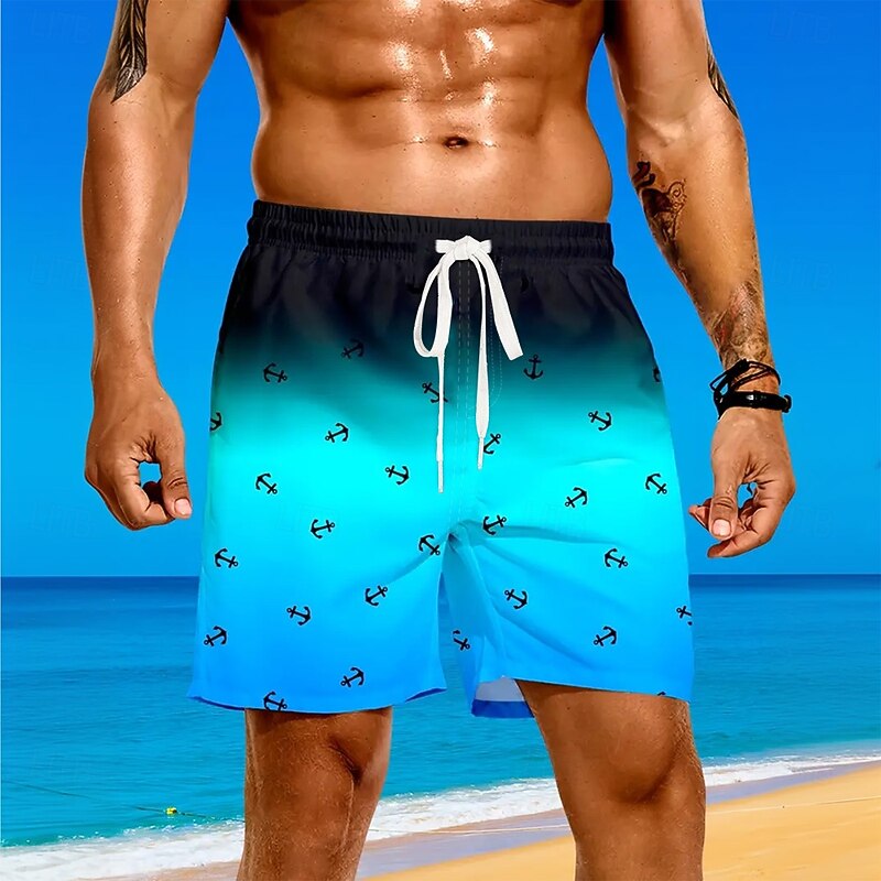 Men's Nautical Anchor Gradient Color Board Shorts Swimming Trunks Summer Shorts Mid Waist Streetwear Hawaiian Beach Vacation Wear Side Pockets Mesh Lining Elastic Drawstring Waist Designer Clothing