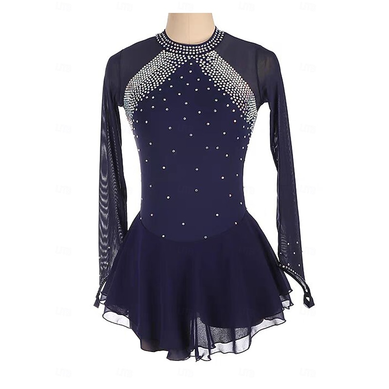 Figure Skating Dress Women's Girls' Ice Skating Dress Dark Navy Patchwork Thumbhole Mesh Spandex Stretchy Training Practice Professional Skating Wear Thermal Warm Crystal / Rhinestone Long Sleeve Ice