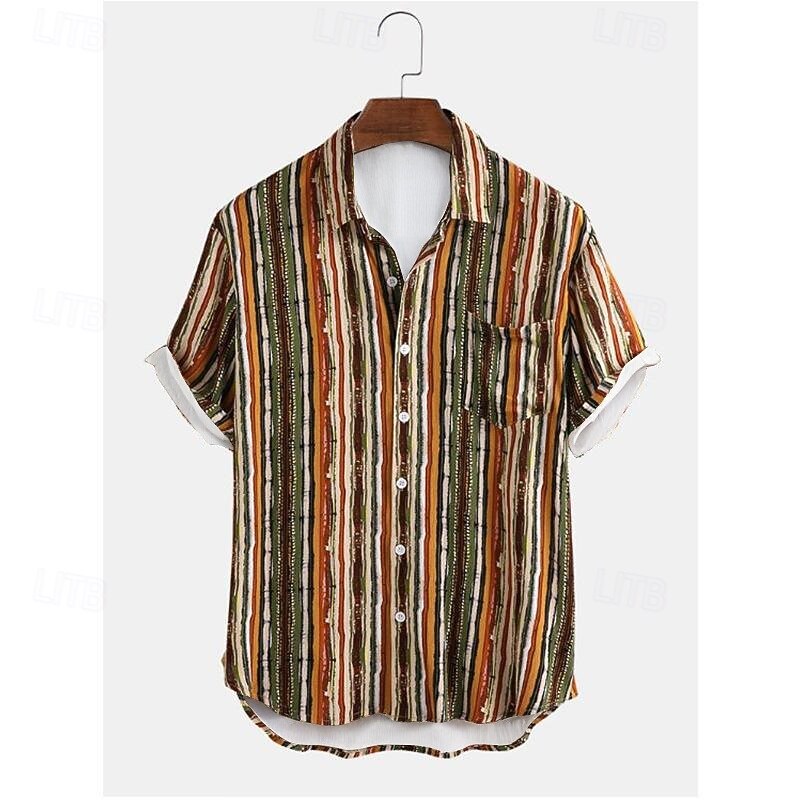 Men's Stripes Button Up Shirt Short Sleeve Vintage Hawaiian Dailywear Causal Casual Summer Spring Collared Shirts Pocket 3D Print Yellow Blue Green