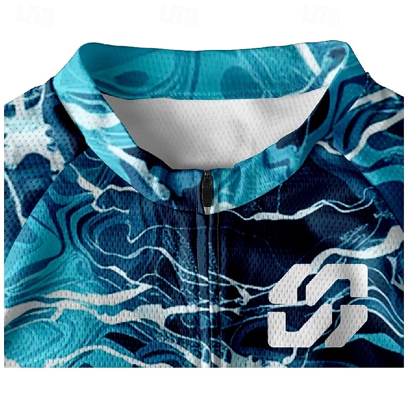 Men's Cycling Jersey Geometric Short Sleeve Bike Tee Tshirt Jersey with 3 Rear Pockets Mountain Bike MTB Quick Dry Anatomic Design Wicking Breathable Sports Dark Navy Blue Sky Blue Clothing Apparel3