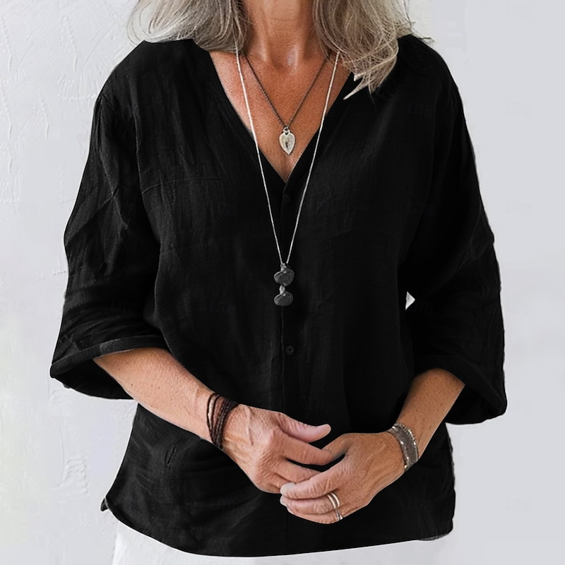 Women's Linen-Inspired Shirts Summer Tops Shrugs Solid Color Daily Casual 3/4 Length Sleeve V Neck Regular Tops Black White Pink Brown Apricot Summer Spring Fall4
