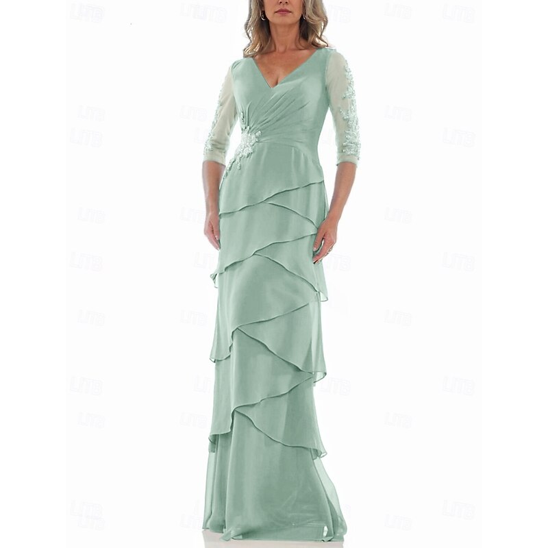A-Line Dress Mother of the Bride Dress Formal Elegant V Neck Floor Length Chiffon 3/4 Length Sleeve with Tier Cascading Ruffles Solid Color