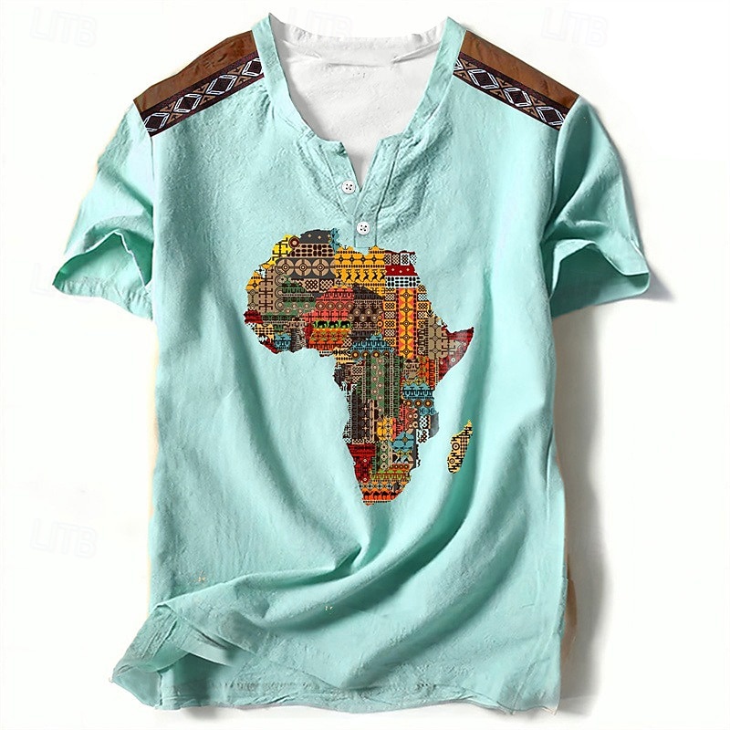Independence Day Map Of Africa Mens Graphic Shirt Tribal Prints Designer Classic Casual 3D Tee Henley Vintage Outdoor Daily Vacation Light Brown Blue African Cotton2