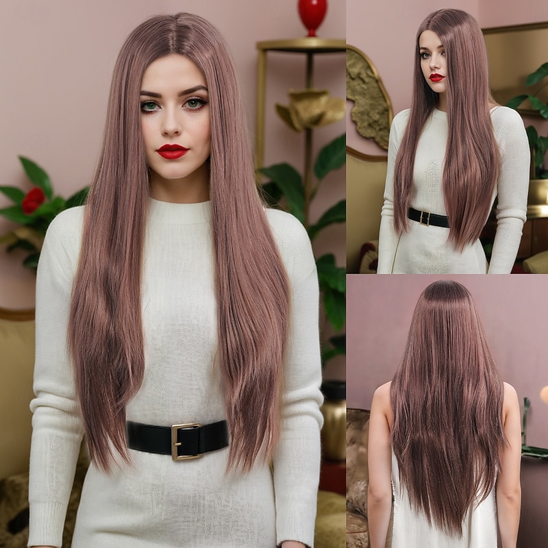 Synthetic Wig Straight kinky Straight Middle Part Layered Haircut Machine Made Wig 28 inch A1 Synthetic Hair Women's Middle Part Classic Exquisite Pink