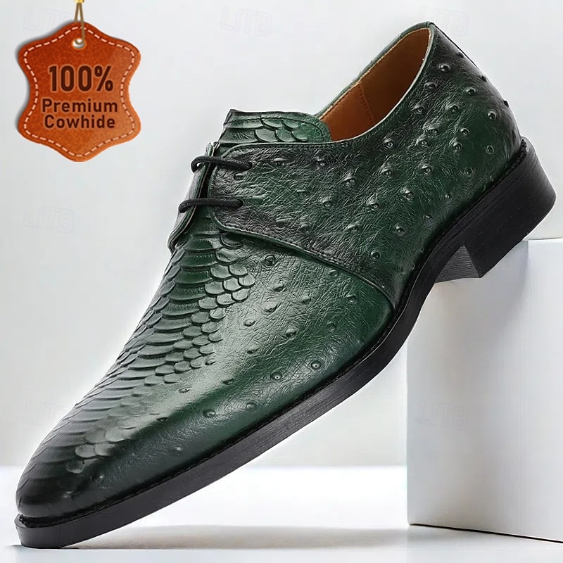 Men's Green Genuine Leather Oxford Shoes – Luxury Crocodile Pattern Lace-Up Dress Shoes for Kentucky Derby & Weddings