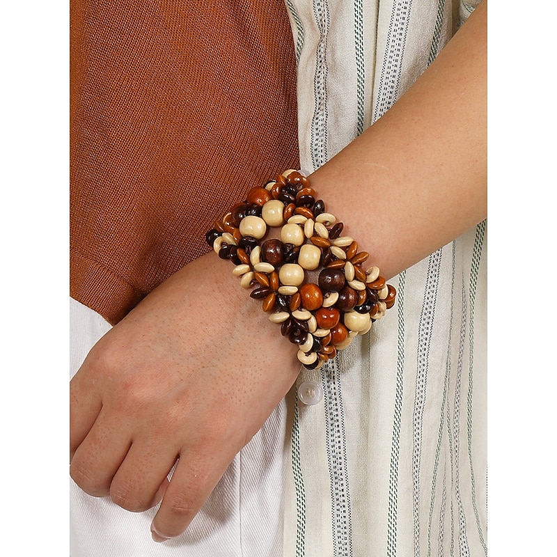 Handmade Wooden Beaded Bracelet for Women - Boho Chunky Stretch Bracelet, Natural Vintage Ethnic Style Women's Jewelry, Casual and Beach Accessories