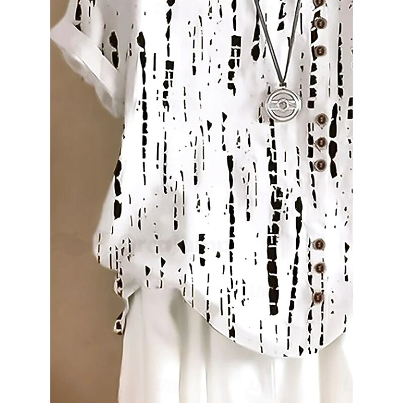 Women's Shirt Blouse Graphic Striped Elegant Short Sleeve Crew Neck Regular Tops Daily Linen Like Print White Summer3