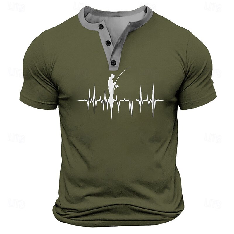Men's Funny Fishing T Shirt Henley Shirt Short Sleeve Designer Retro Vintage Street Casual Daily Summer Spring Black White Navy Blue Military Green Henley Henley T-Shirt
