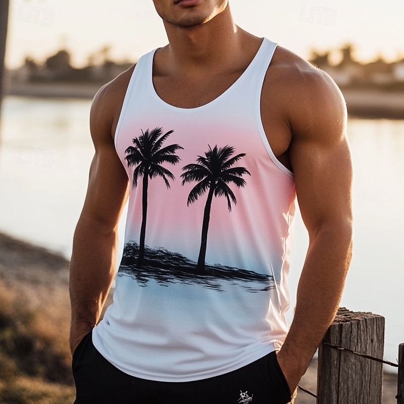 Men's Tank Top Vest Top Undershirt Sleeveless Shirt Sleeveless Crew Neck Summer Coconut Tree Sports Fashion Comfortable Print Casual Beach Gym White Top Tee for Men - Main Image