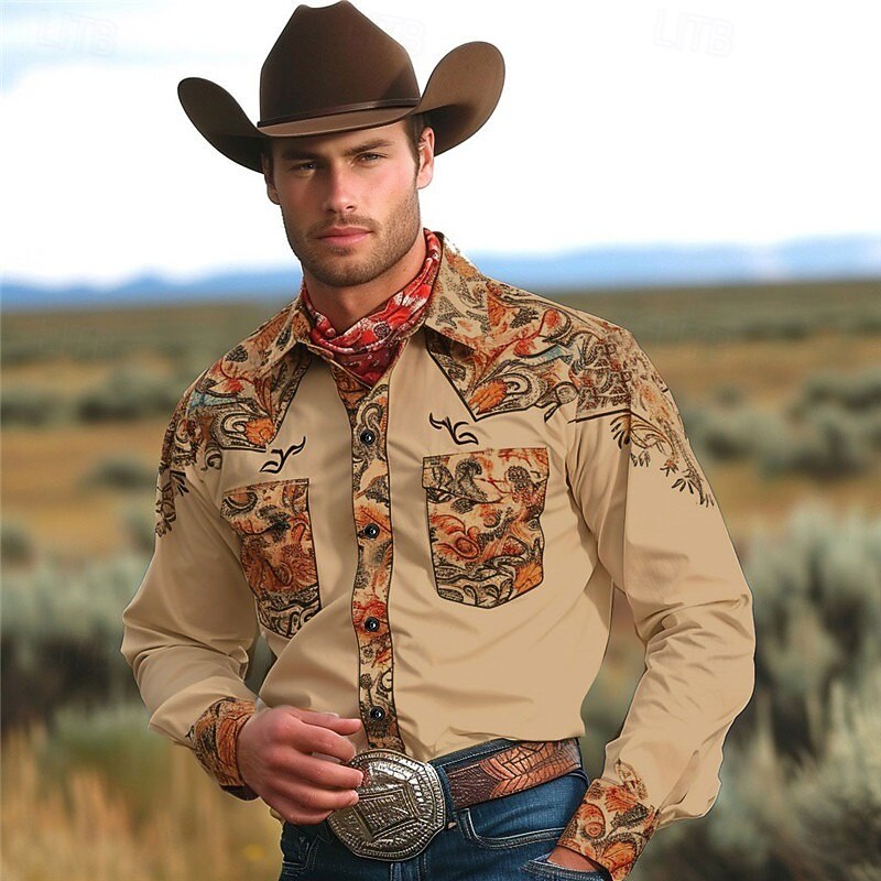 Men's Floral Western Shirt Button Up Shirt Long Sleeve Vintage Western Daily Wear Going out Weekend Spring Fall Winter Collared Shirts 3D Print Front Pocket White Khaki Gray4