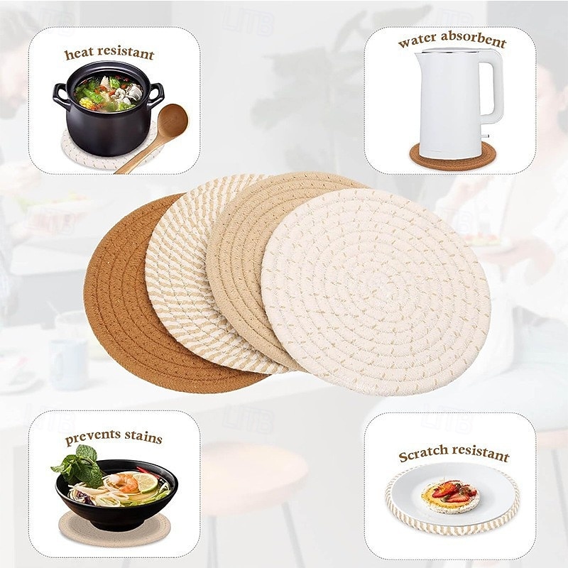 4PCS Cotton Rope Woven Placemats – Modern Heat-Resistant Table Mats, Handmade Coasters, Clay Pot Mats, Dining Table Protection, Simple Home & Kitchen Decor2