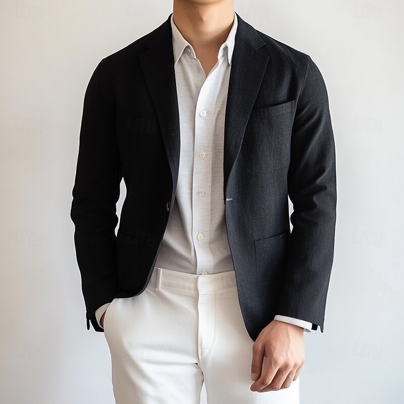 Men's Linen Blazer Sport Coat Notch Collar Fashion Casual Solid Colored Linen Blazer Black Standard Fit Single Breasted One-button - Main Image